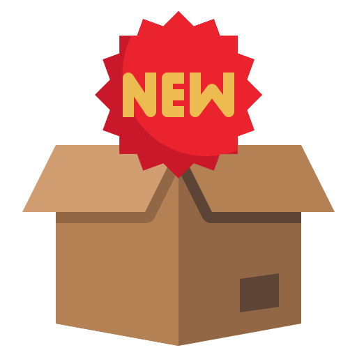 Cardboard box with the word 'New' over the top